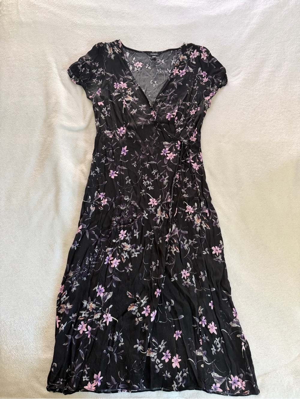 Express Black Midi Wrap Dress with Pink Floral Print